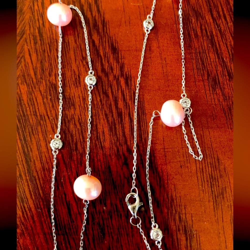 Genuine Pink Pearl, CZ, Sterling Silver Necklace
